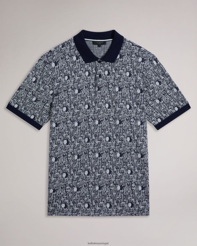 roupas Ted Baker camisa pólo de malha geométrica coreo azul-marinho homens 8X6HDF1224