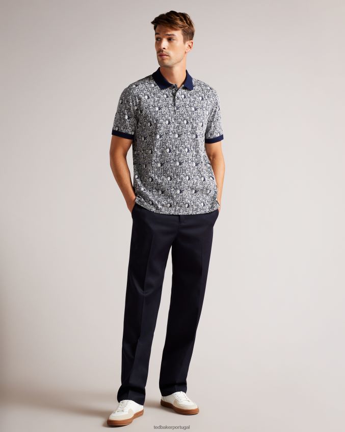 roupas Ted Baker camisa pólo de malha geométrica coreo azul-marinho homens 8X6HDF1224