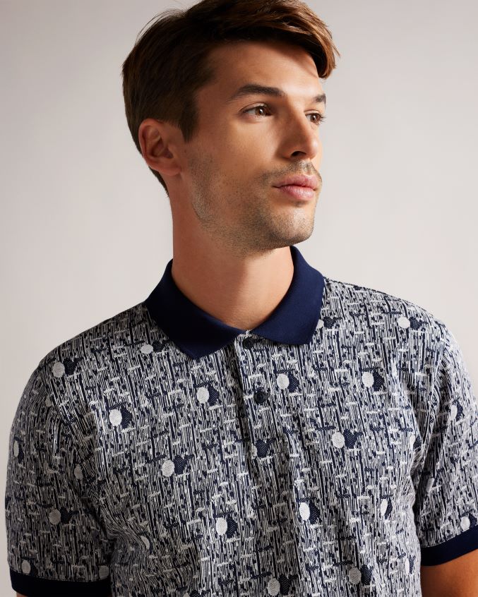 roupas Ted Baker camisa pólo de malha geométrica coreo azul-marinho homens 8X6HDF1224