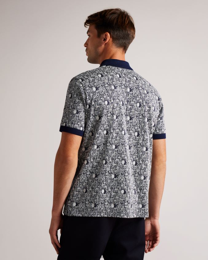 roupas Ted Baker camisa pólo de malha geométrica coreo azul-marinho homens 8X6HDF1224