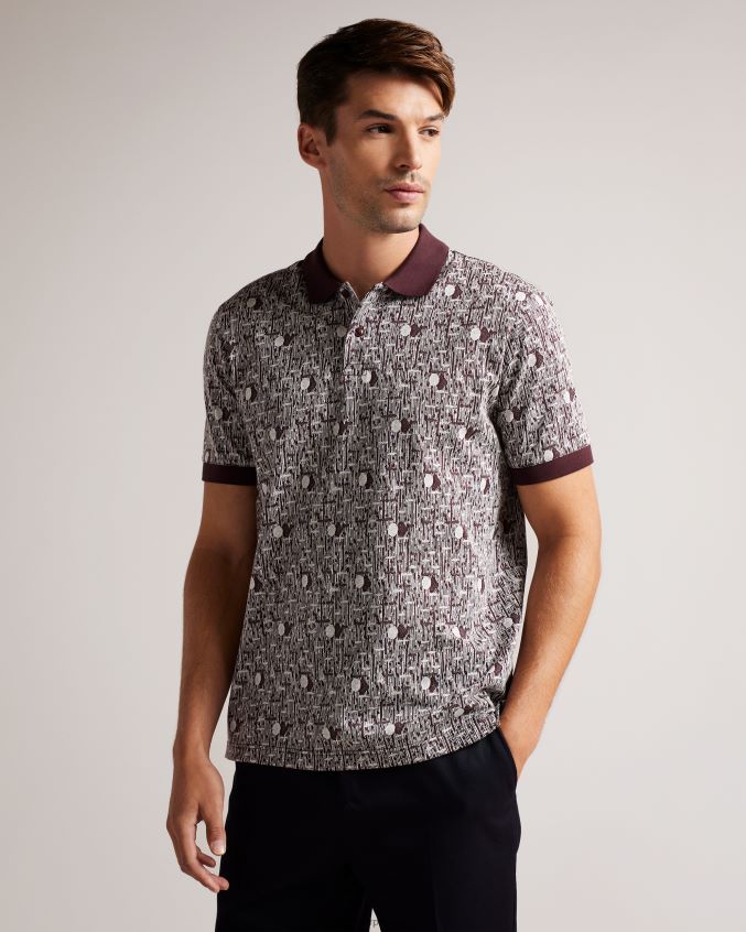 roupas Ted Baker camisa pólo de malha geométrica coreo marrom homens 8X6HDF1239