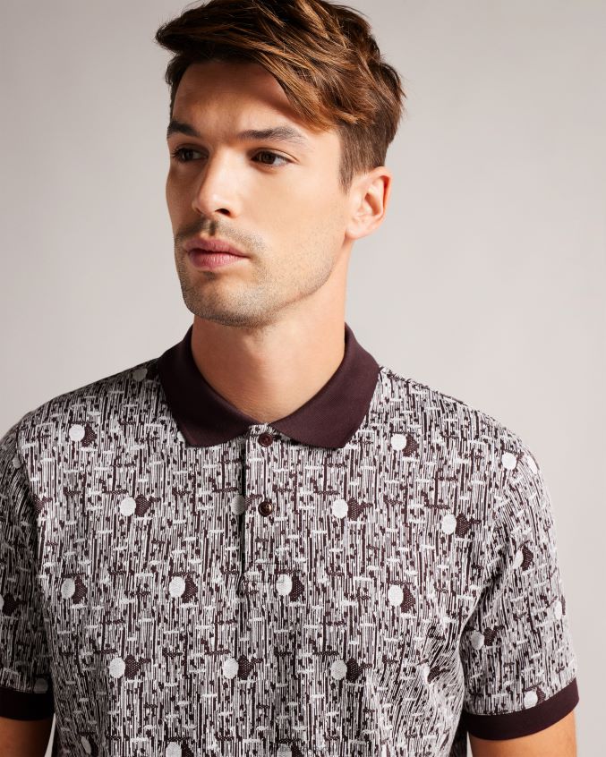 roupas Ted Baker camisa pólo de malha geométrica coreo marrom homens 8X6HDF1239