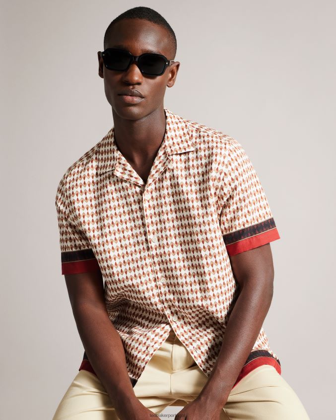 roupas Ted Baker Braemar camisa manga curta com estampa geométrica e borda branco homens 8X6HDF1578