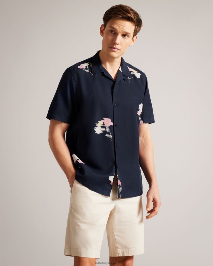roupas Ted Baker Neele camisa manga curta com estampa floral marinha homens 8X6HDF1318