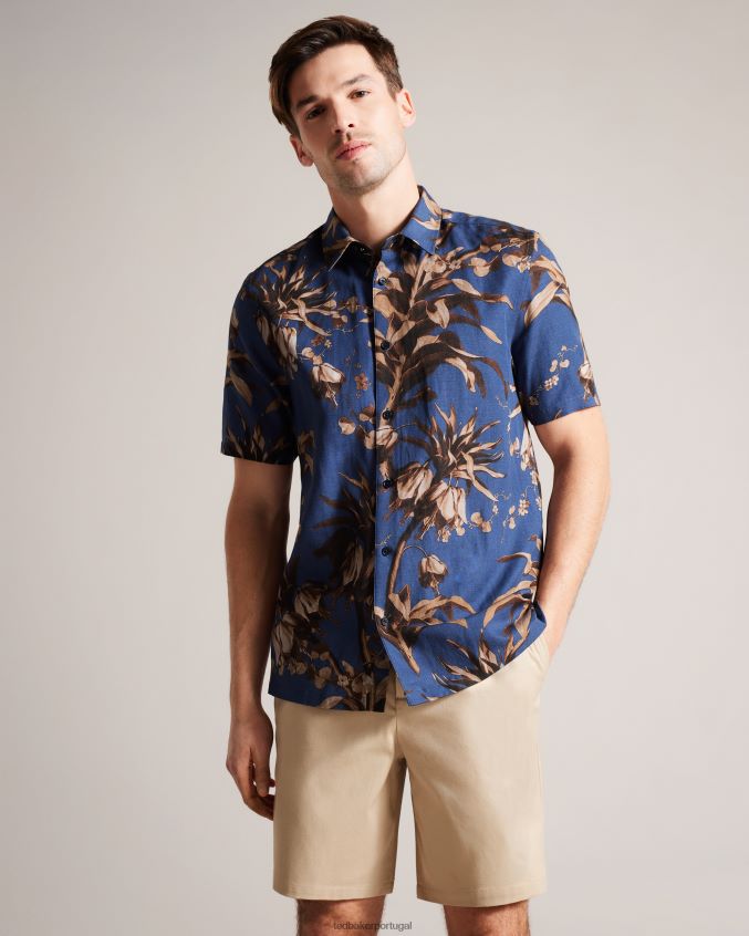 roupas Ted Baker camisa belmar manga curta com estampa botânica marinha homens 8X6HDF1360