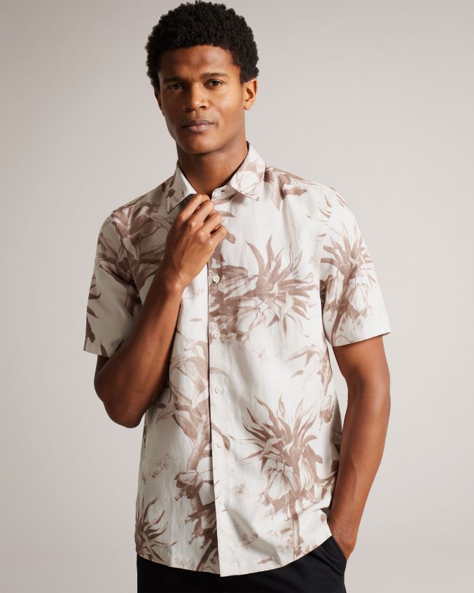 roupas Ted Baker camisa belmar manga curta com estampa botânica natural homens 8X6HDF1458