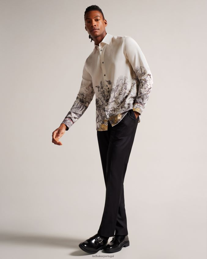 roupas Ted Baker camisa bushey manga longa com borda botânica natural homens 8X6HDF1391