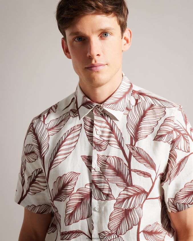 roupas Ted Baker camisa de linho manga curta estampado folha tagus laranja escuro homens 8X6HDF1618