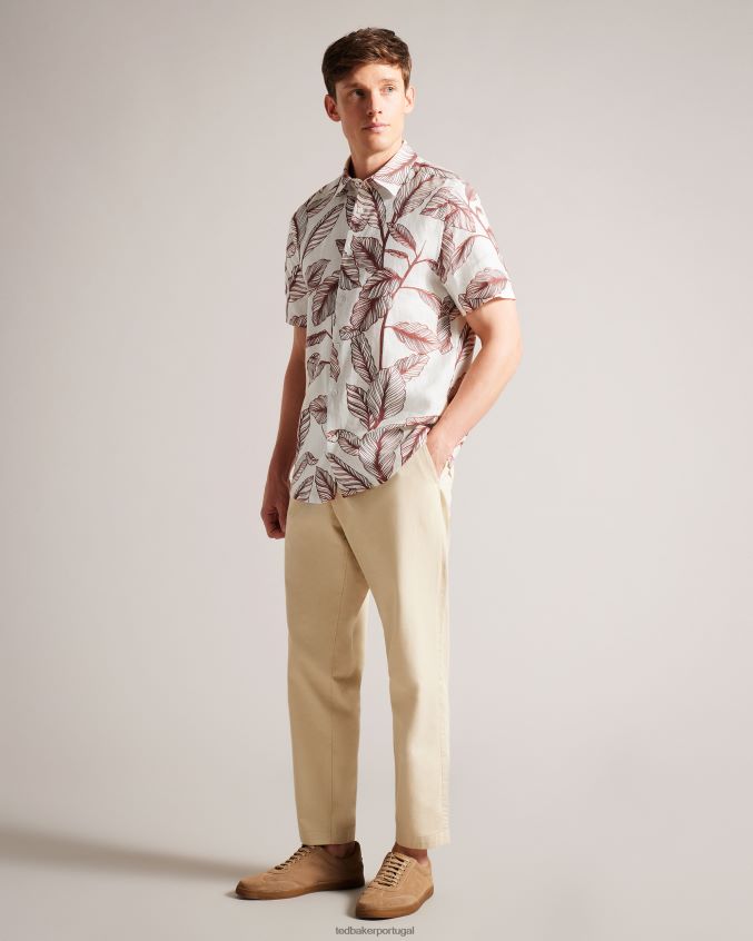 roupas Ted Baker camisa de linho manga curta estampado folha tagus laranja escuro homens 8X6HDF1618
