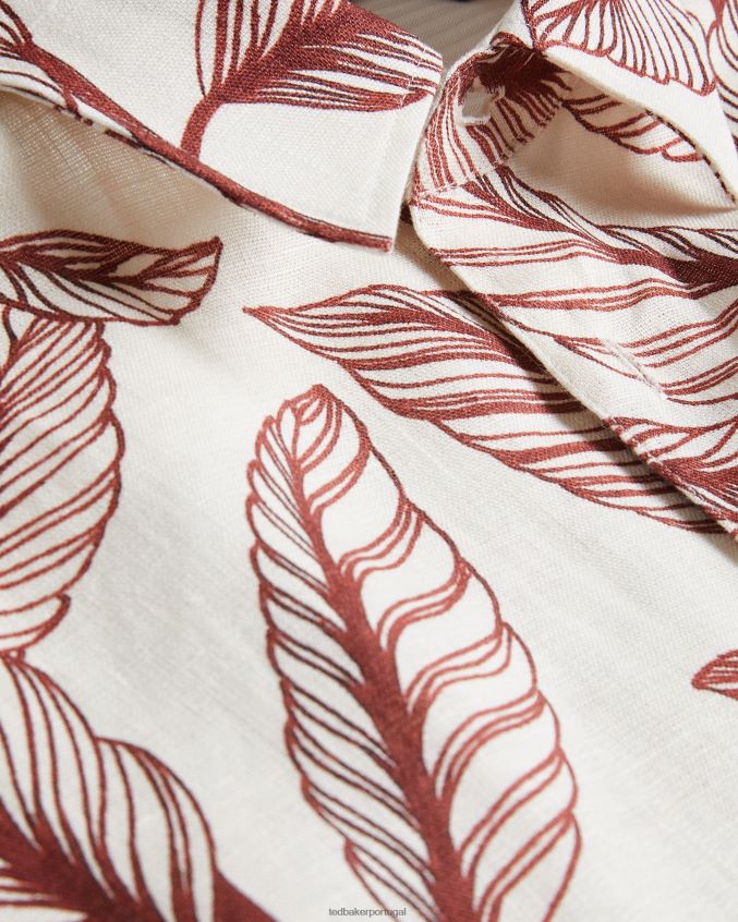 roupas Ted Baker camisa de linho manga curta estampado folha tagus laranja escuro homens 8X6HDF1618