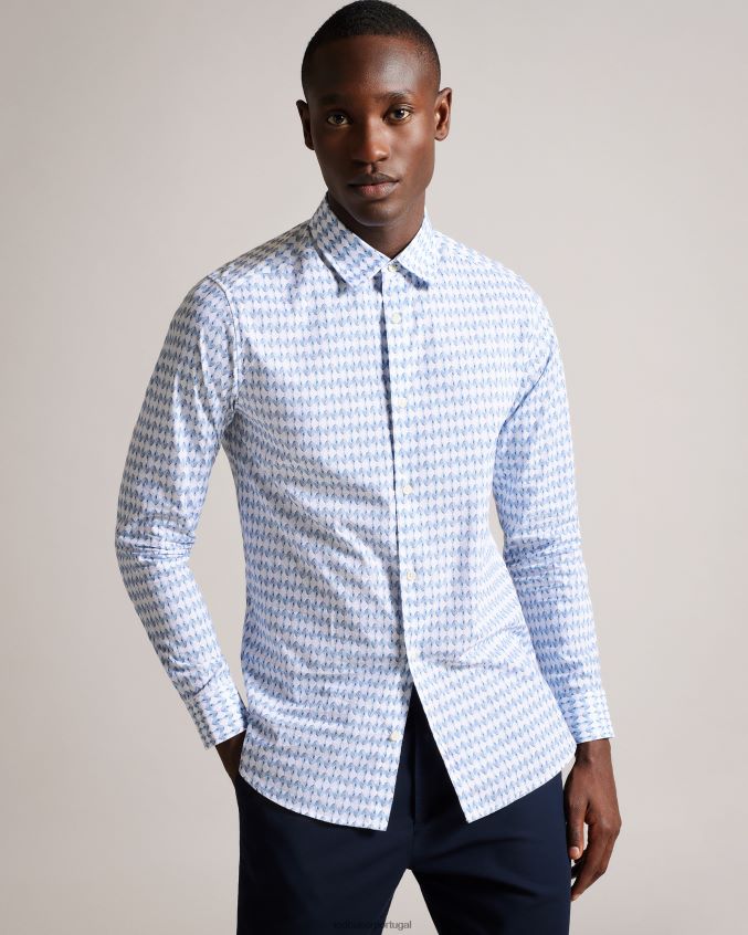 roupas Ted Baker camisa de manga longa com estampa geométrica de folhas dibbin azul pálido homens 8X6HDF1600