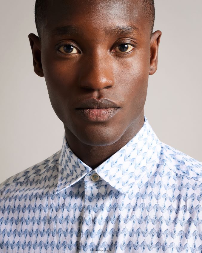 roupas Ted Baker camisa de manga longa com estampa geométrica de folhas dibbin azul pálido homens 8X6HDF1600