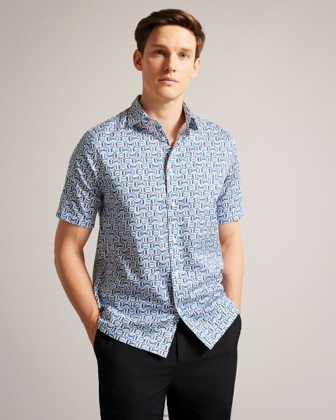 roupas Ted Baker camisa elástica de algodão manga curta astun azul homens 8X6HDF1430