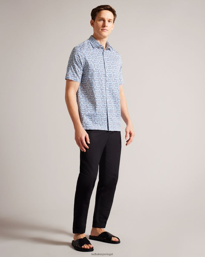 roupas Ted Baker camisa elástica de algodão manga curta astun azul homens 8X6HDF1430