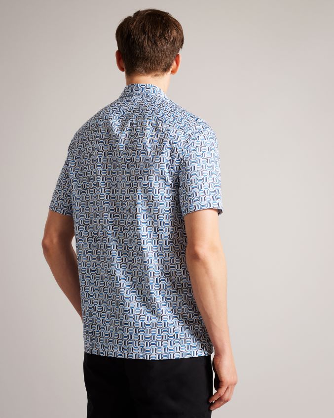 roupas Ted Baker camisa elástica de algodão manga curta astun azul homens 8X6HDF1430