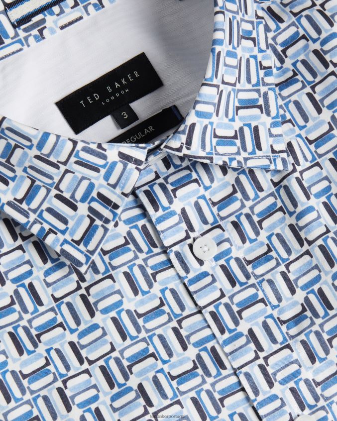 roupas Ted Baker camisa elástica de algodão manga curta astun azul homens 8X6HDF1430
