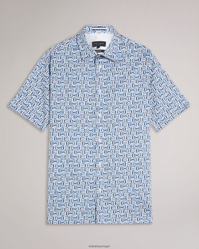 roupas Ted Baker camisa elástica de algodão manga curta astun azul homens 8X6HDF1430