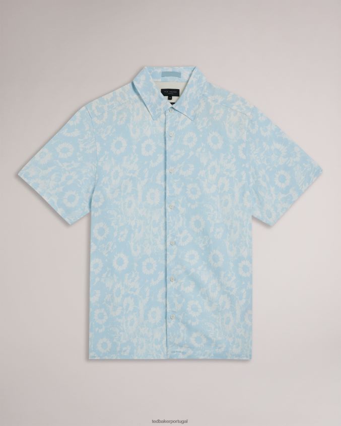 roupas Ted Baker camisa flaisby com estampa floral mescla de linho azul claro homens 8X6HDF1371