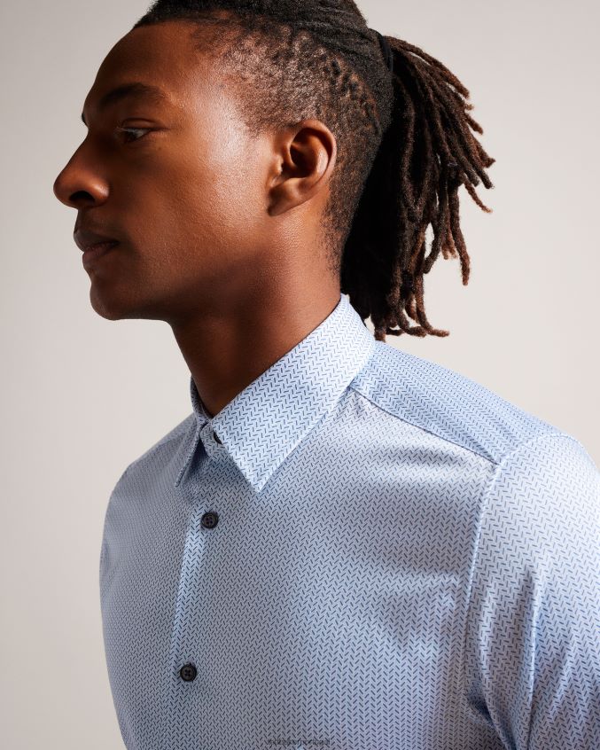roupas Ted Baker camisa geo espinha de peixe manga longa wanson azul pálido homens 8X6HDF1377