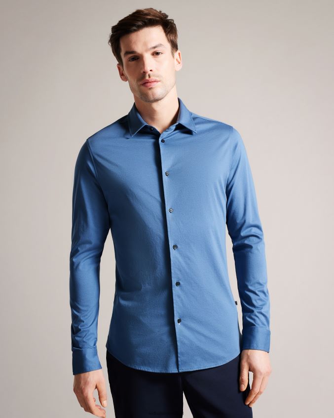 roupas Ted Baker camisa jersey brilhante manga longa marros azul médio homens 8X6HDF1463