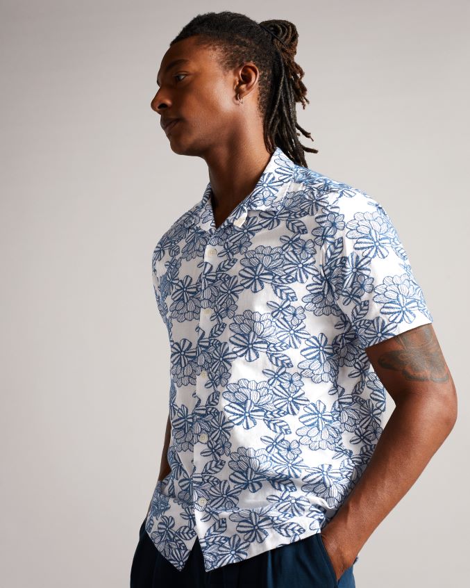 roupas Ted Baker camisa manga curta com bordado floral mannor branco homens 8X6HDF1400