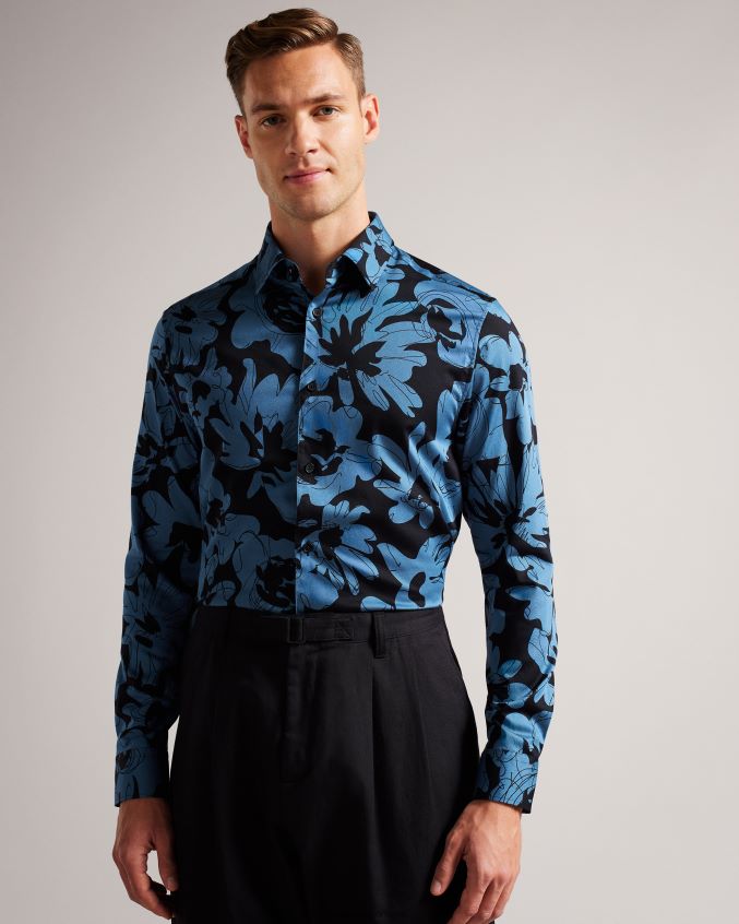 roupas Ted Baker camisa manga longa com estampa floral Altlo azul médio homens 8X6HDF1253