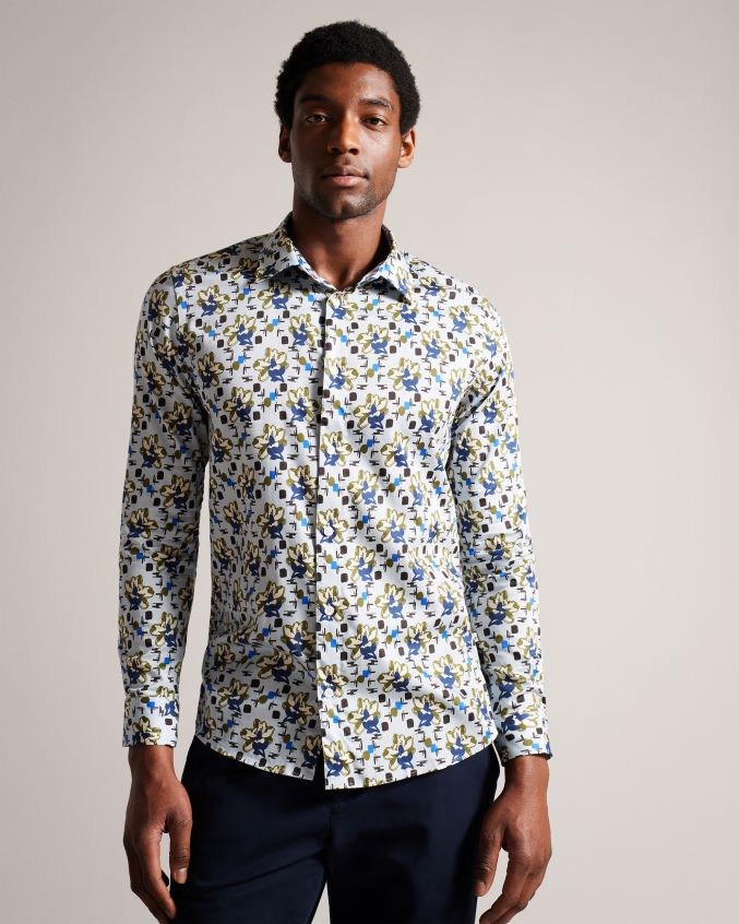 roupas Ted Baker camisa manga longa com estampa magnólia arigna azul pálido homens 8X6HDF1595