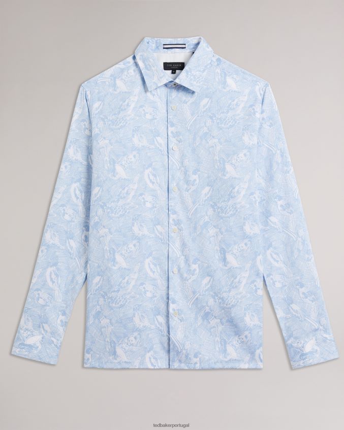 roupas Ted Baker camisa mullen manga longa desenhada à mão com estampa de pássaro azul claro homens 8X6HDF1269