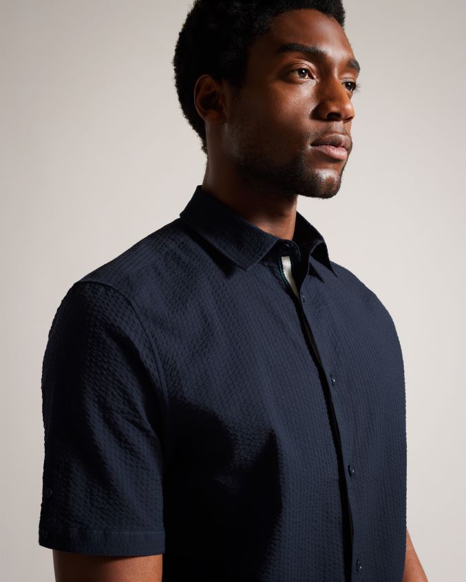 roupas Ted Baker camisa seersucker manga curta stansho marinha homens 8X6HDF1362