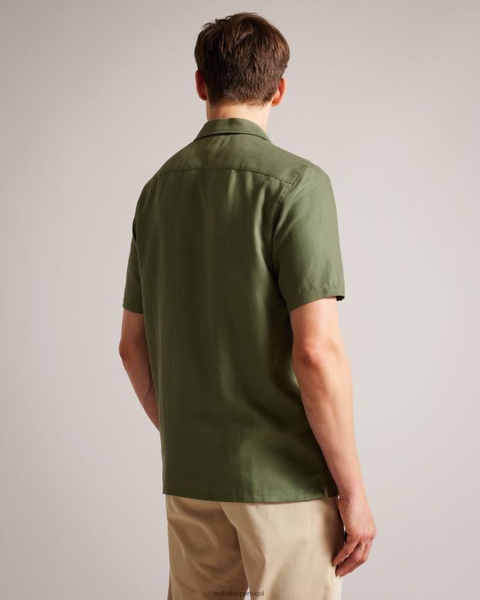roupas Ted Baker camisa wesland manga curta tencel linho revera gola Oliva homens 8X6HDF1416