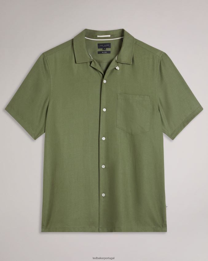 roupas Ted Baker camisa wesland manga curta tencel linho revera gola Oliva homens 8X6HDF1416