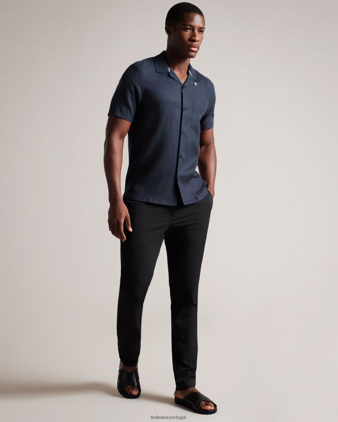 roupas Ted Baker camisa wesland manga curta tencel linho revera gola marinha homens 8X6HDF1389
