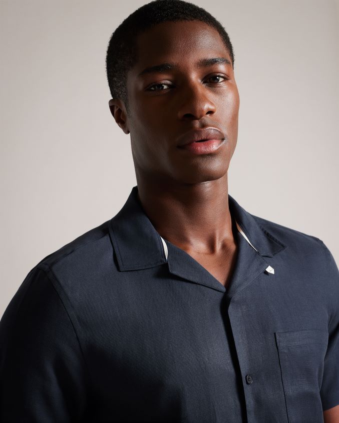roupas Ted Baker camisa wesland manga curta tencel linho revera gola marinha homens 8X6HDF1389