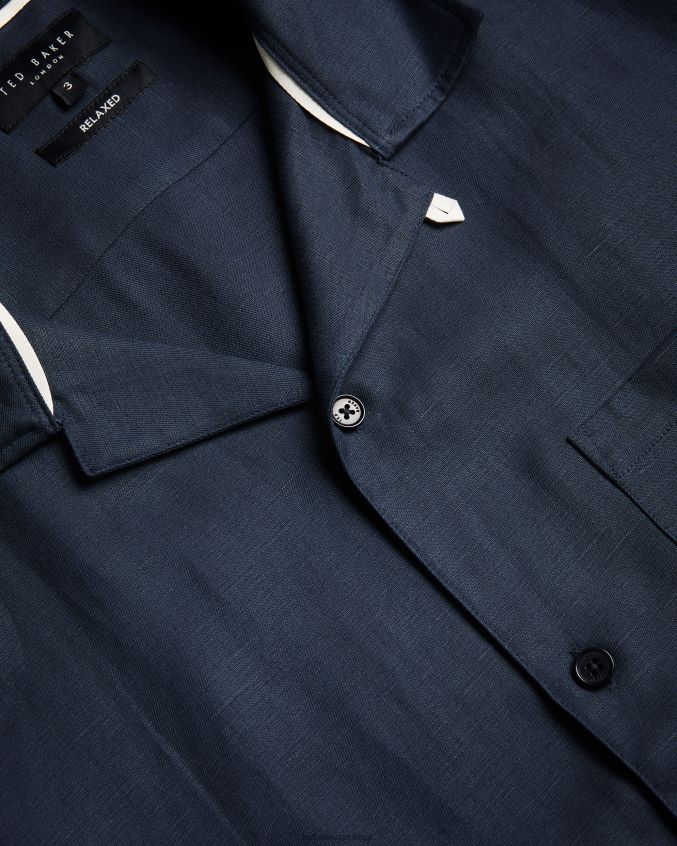 roupas Ted Baker camisa wesland manga curta tencel linho revera gola marinha homens 8X6HDF1389