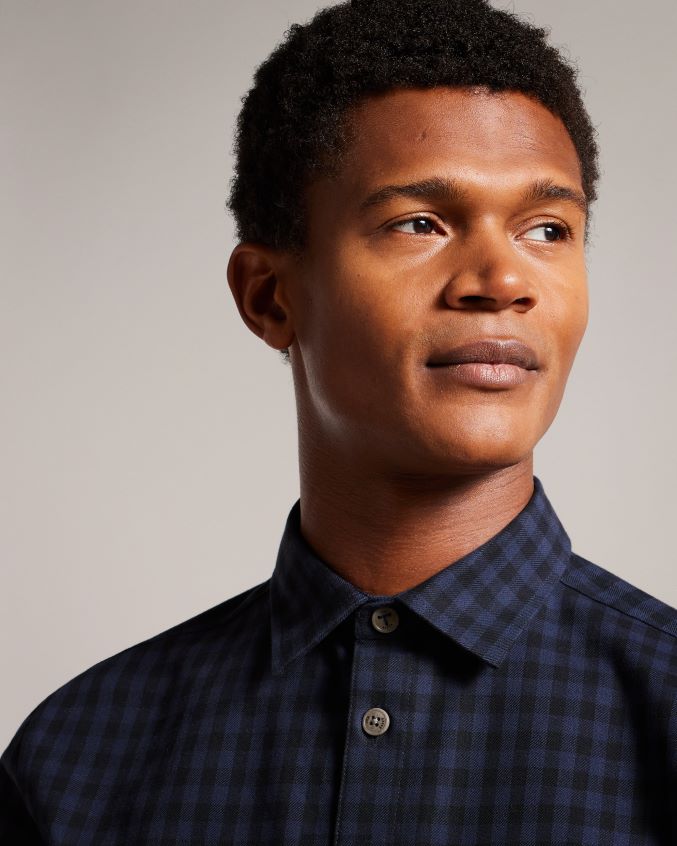 roupas Ted Baker camisa xadrez house manga longa morne marinha homens 8X6HDF1268