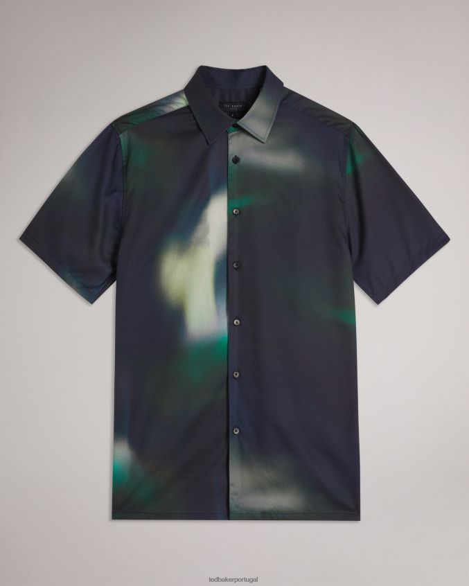roupas Ted Baker evesho camisa de liocel com estampa abstrata de manga curta marinha homens 8X6HDF1621