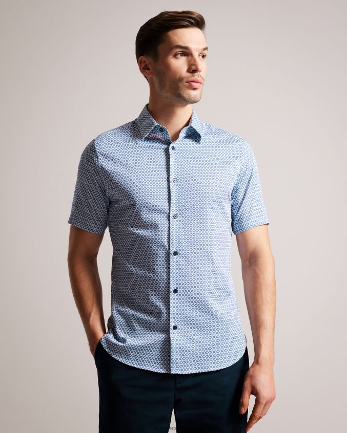 roupas Ted Baker strisho camisa manga curta com estampa geométrica azul escuro homens 8X6HDF1338