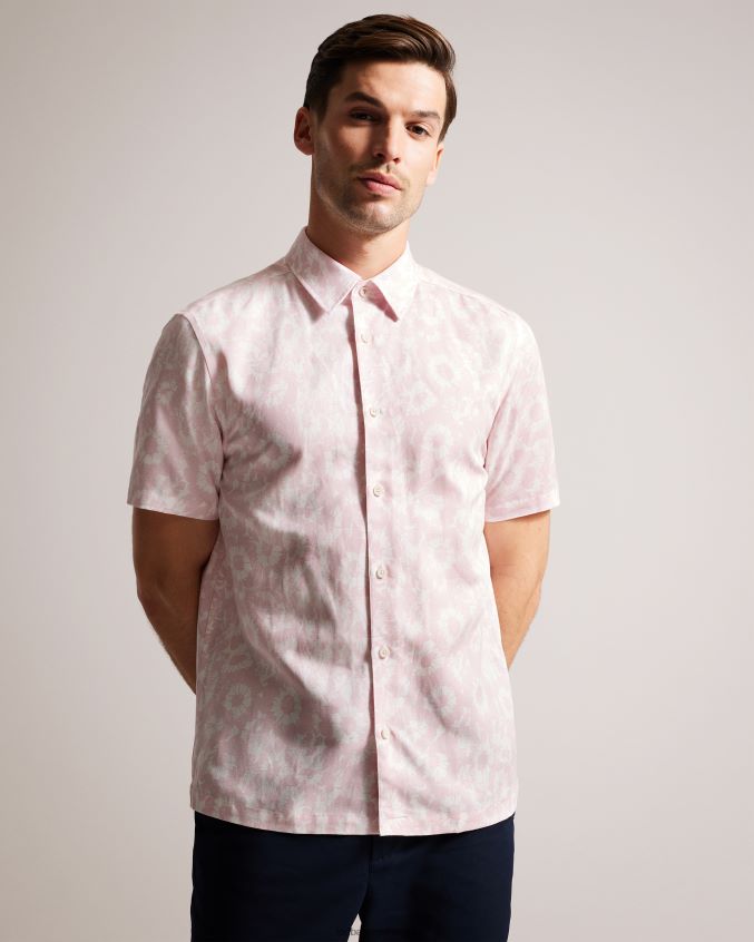 roupas Ted Baker camisa flaisby com estampa floral mescla de linho luz rosa homens 8X6HDF1462