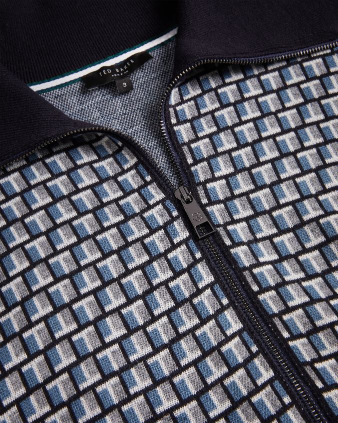 roupas Ted Baker cardigã de malha com zíper e estampa geométrica teeflow azul homens 8X6HDF1283