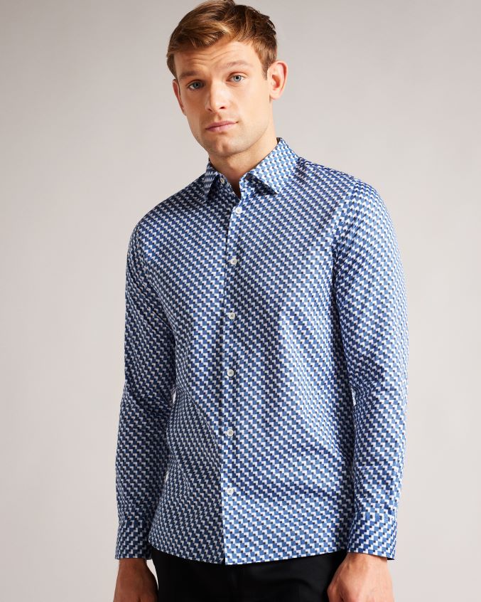 roupas Ted Baker camisa geométrica de algodão elástico de manga longa Barder azul escuro homens 8X6HDF1421