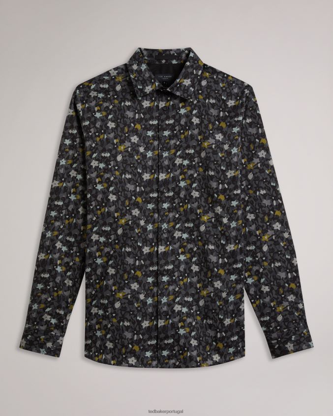 roupas Ted Baker camisa listrada manga longa com estampa floral cinza homens 8X6HDF1226
