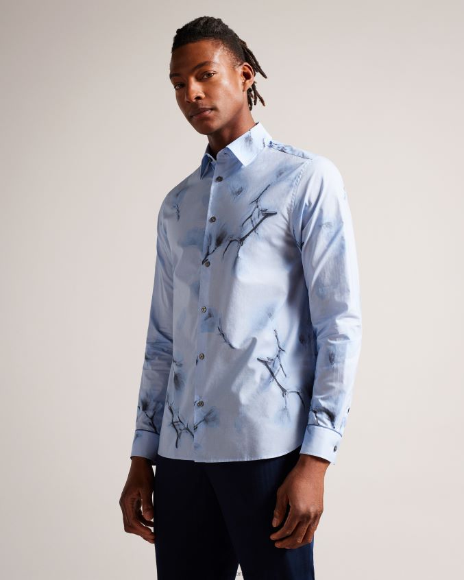 roupas Ted Baker camisa louth manga longa com estampa floral grande céu azul homens 8X6HDF1477