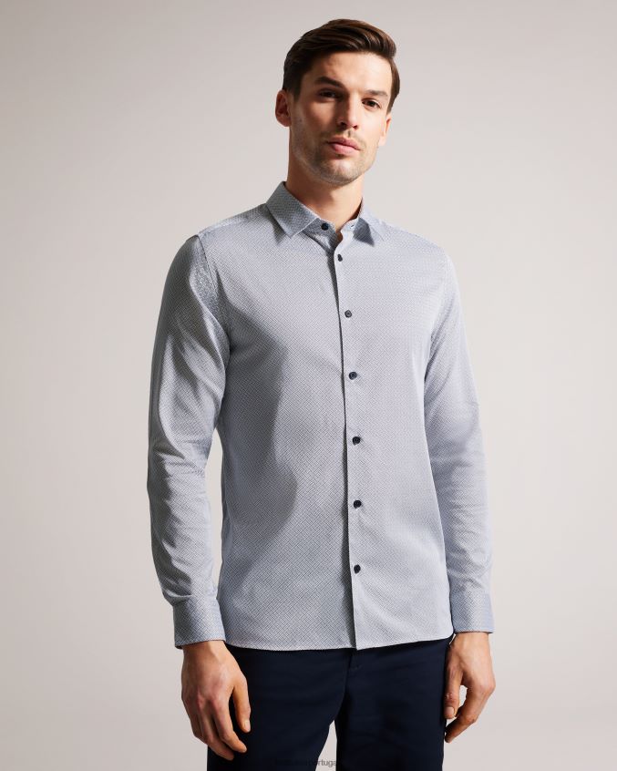 roupas Ted Baker camisa manga longa com estampa geométrica alham marinha homens 8X6HDF1381