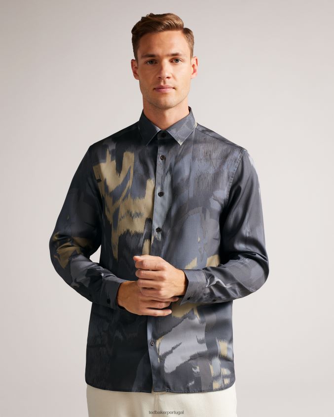roupas Ted Baker camisa mordun manga longa com estampa abstrata de borboleta cinza homens 8X6HDF1252