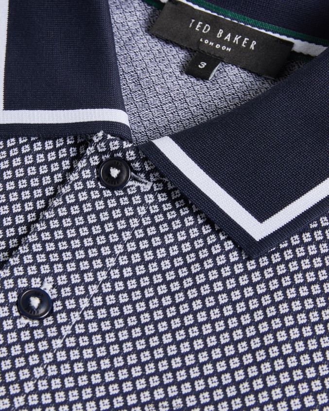 roupas Ted Baker camisa pólo africano regular de manga curta com textura geo marinha homens 8X6HDF1322