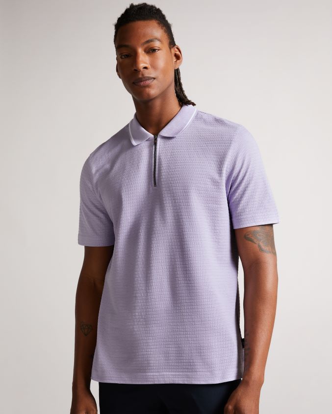 roupas Ted Baker camisa polo buer com zíper texturizado de manga curta lt-roxo homens 8X6HDF1577