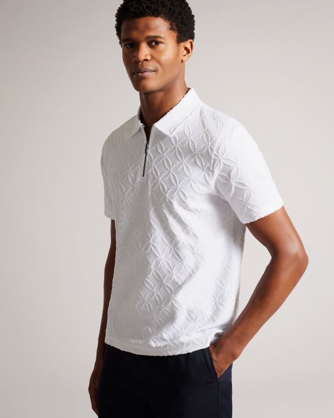 roupas Ted Baker camisa polo jacquard com zíper de manga curta marroquina branco homens 8X6HDF1404