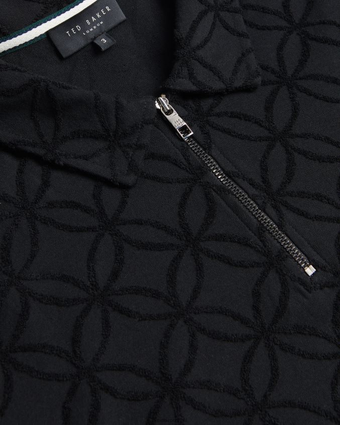 roupas Ted Baker camisa polo jacquard com zíper de manga curta marroquina preto homens 8X6HDF1297