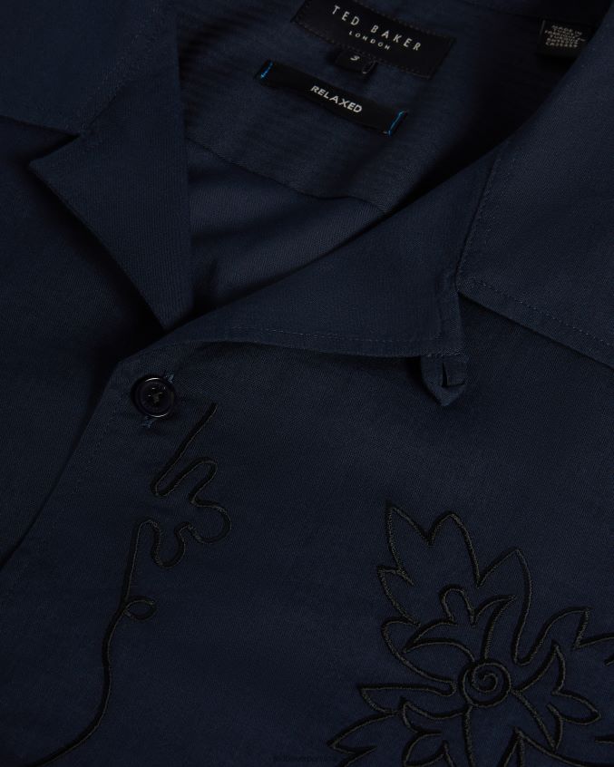 roupas Ted Baker camisa ranney de algodão manga curta com bordado floral marinha homens 8X6HDF1505
