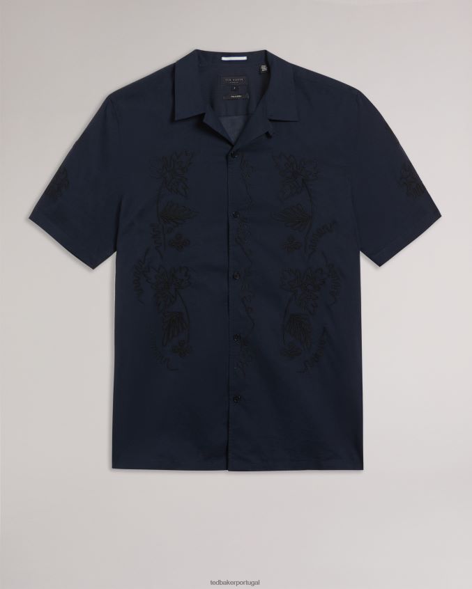 roupas Ted Baker camisa ranney de algodão manga curta com bordado floral marinha homens 8X6HDF1505